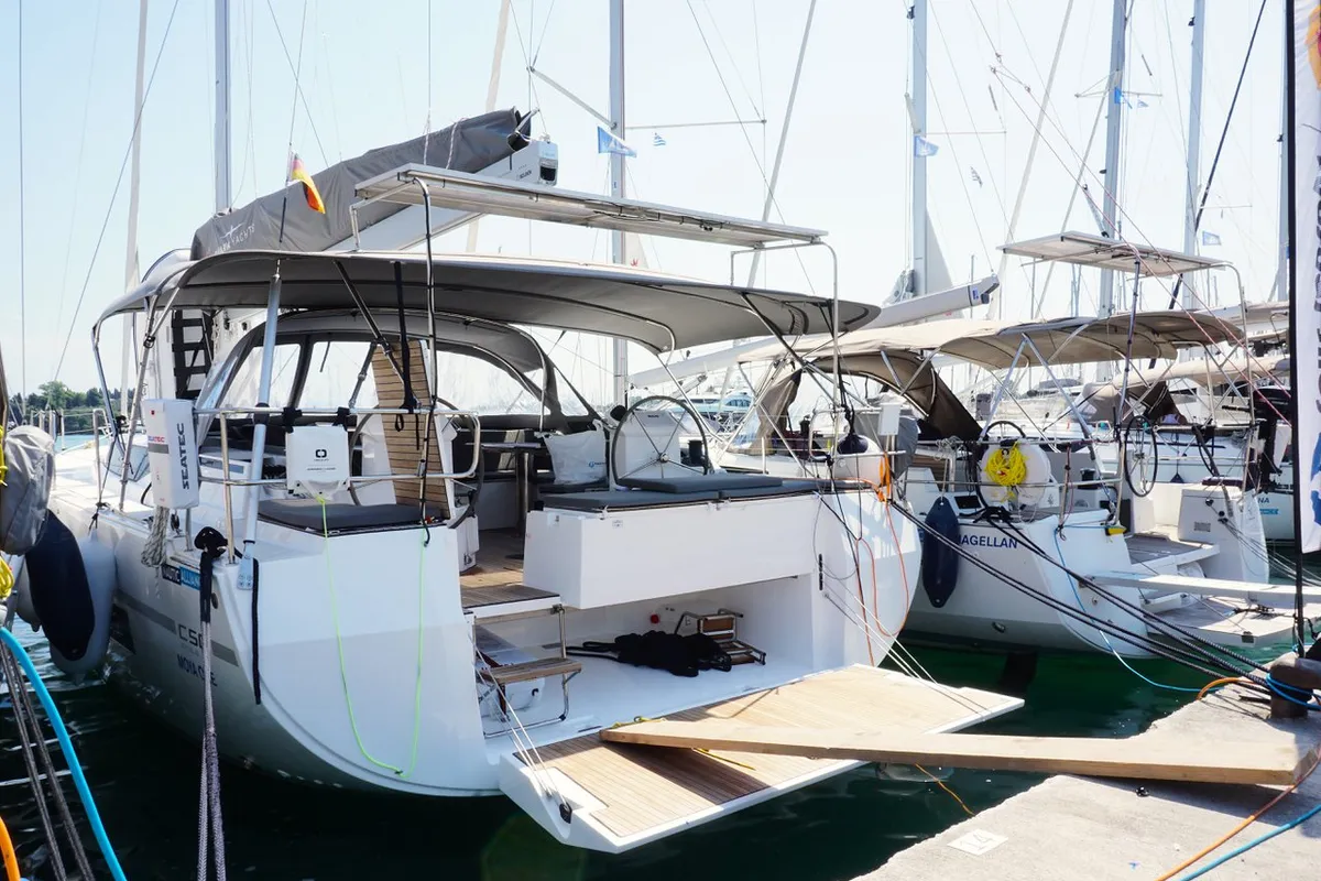 Exterior view of Moya One, a Bavaria C50 Style sailboat at Kontokali, Greece