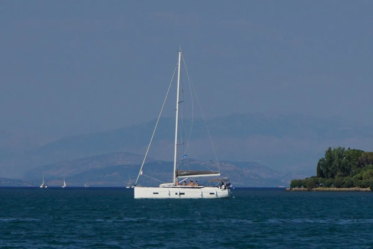 Exterior view of Moya One, a Bavaria C50 Style sailboat at Kontokali, Greece