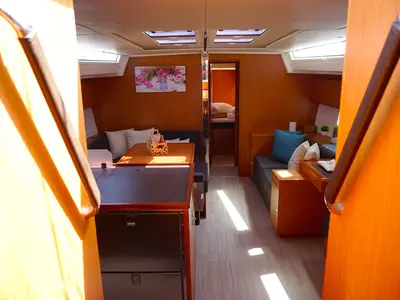 Salon of Moya One, a Bavaria C50 Style sailboat at Kontokali, Greece
