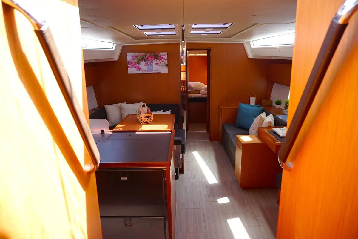 Salon of Moya One, a Bavaria C50 Style sailboat at Kontokali, Greece