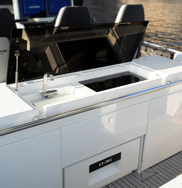 Galley of Beluga, a De Antonio D36 motorboat at Ibiza, Spain
