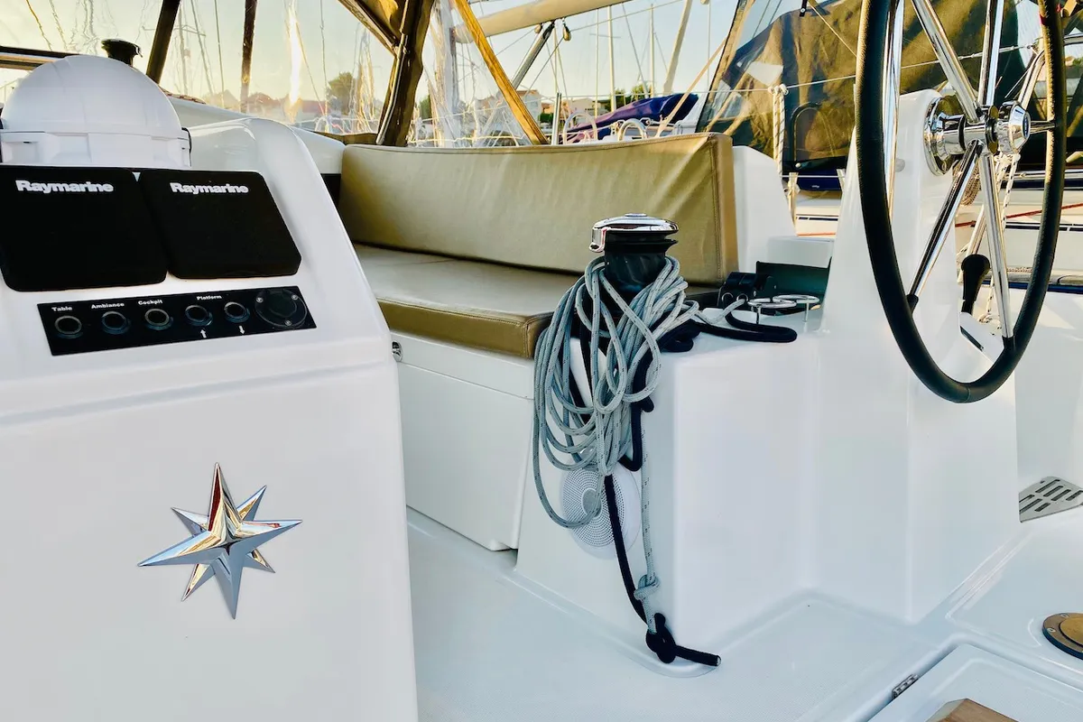 Cockpit of SALVA, a Jeanneau Sun Odyssey 440 sailboat at Šibenik, Croatia