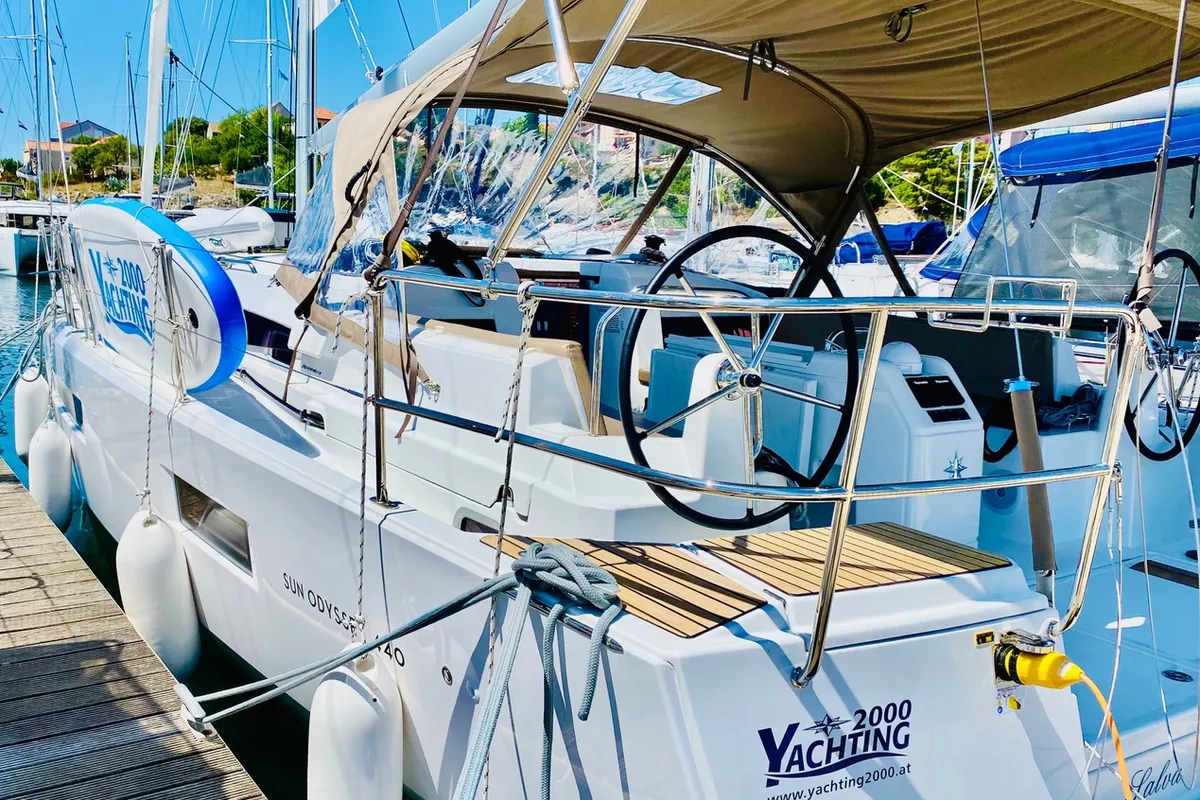 Exterior view of SALVA, a Jeanneau Sun Odyssey 440 sailboat at Šibenik, Croatia
