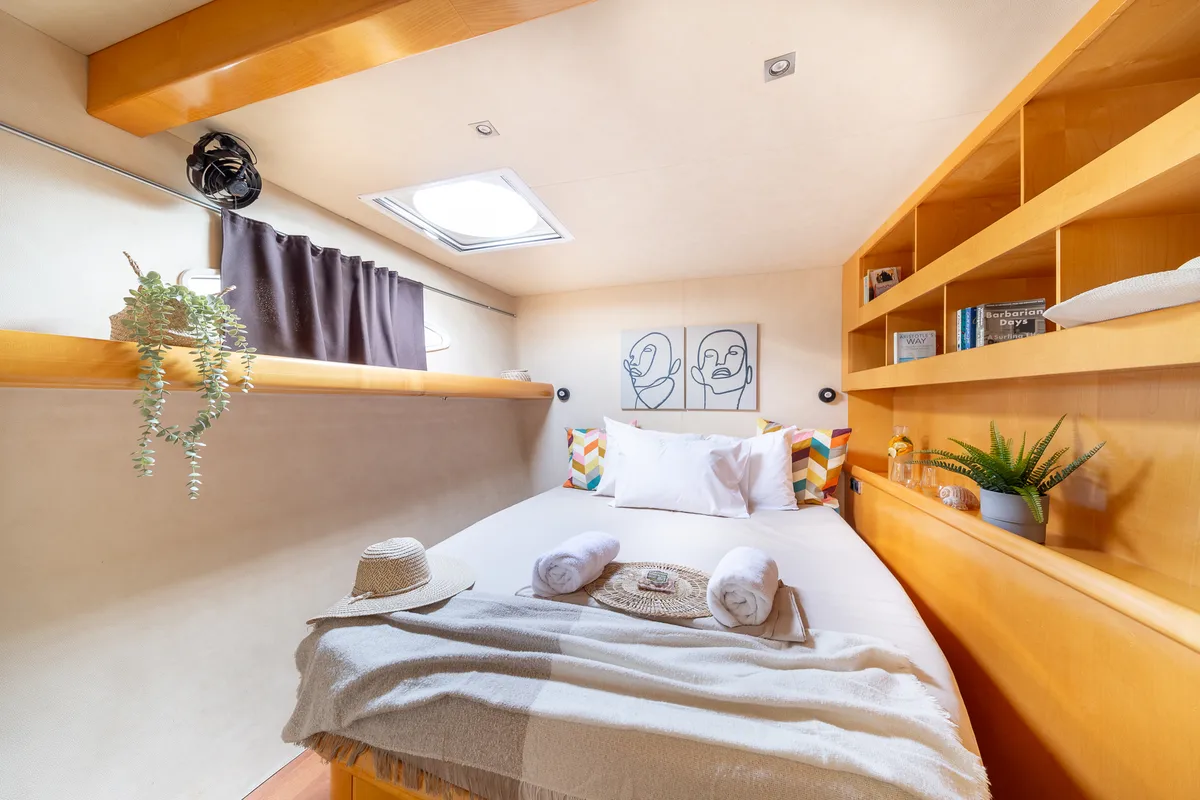 Cabin on Zorba CAT Cabin 1, a Fountaine Pajot Eleuthera 60 catamaran at Aegina, Greece