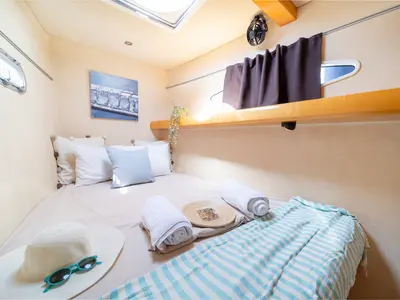 Cabin on Zorba CAT Cabin 1, a Fountaine Pajot Eleuthera 60 catamaran at Aegina, Greece