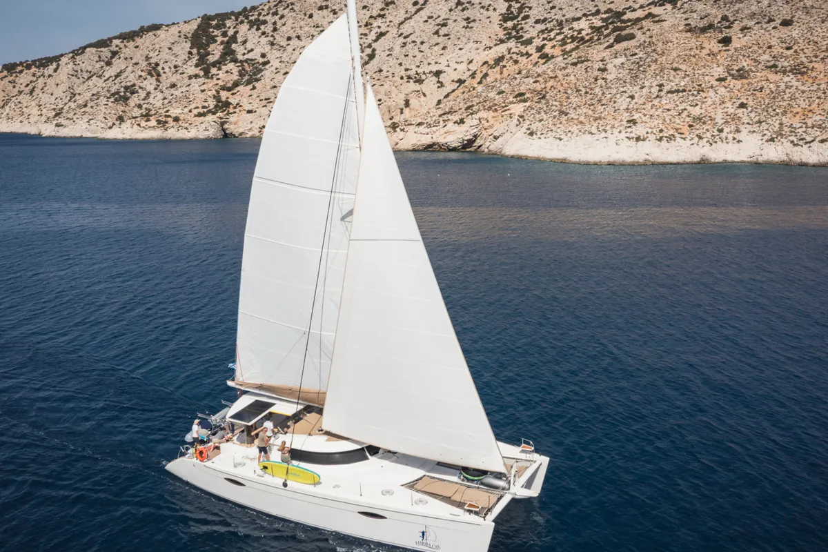 Exterior view of Zorba CAT Cabin 1, a Fountaine Pajot Eleuthera 60 catamaran at Aegina, Greece