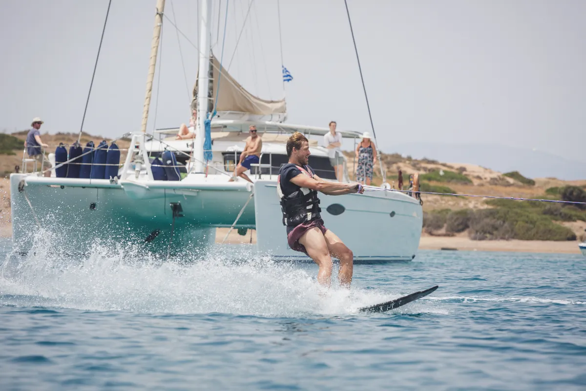 Exterior view of Zorba CAT Cabin 1, a Fountaine Pajot Eleuthera 60 catamaran at Aegina, Greece