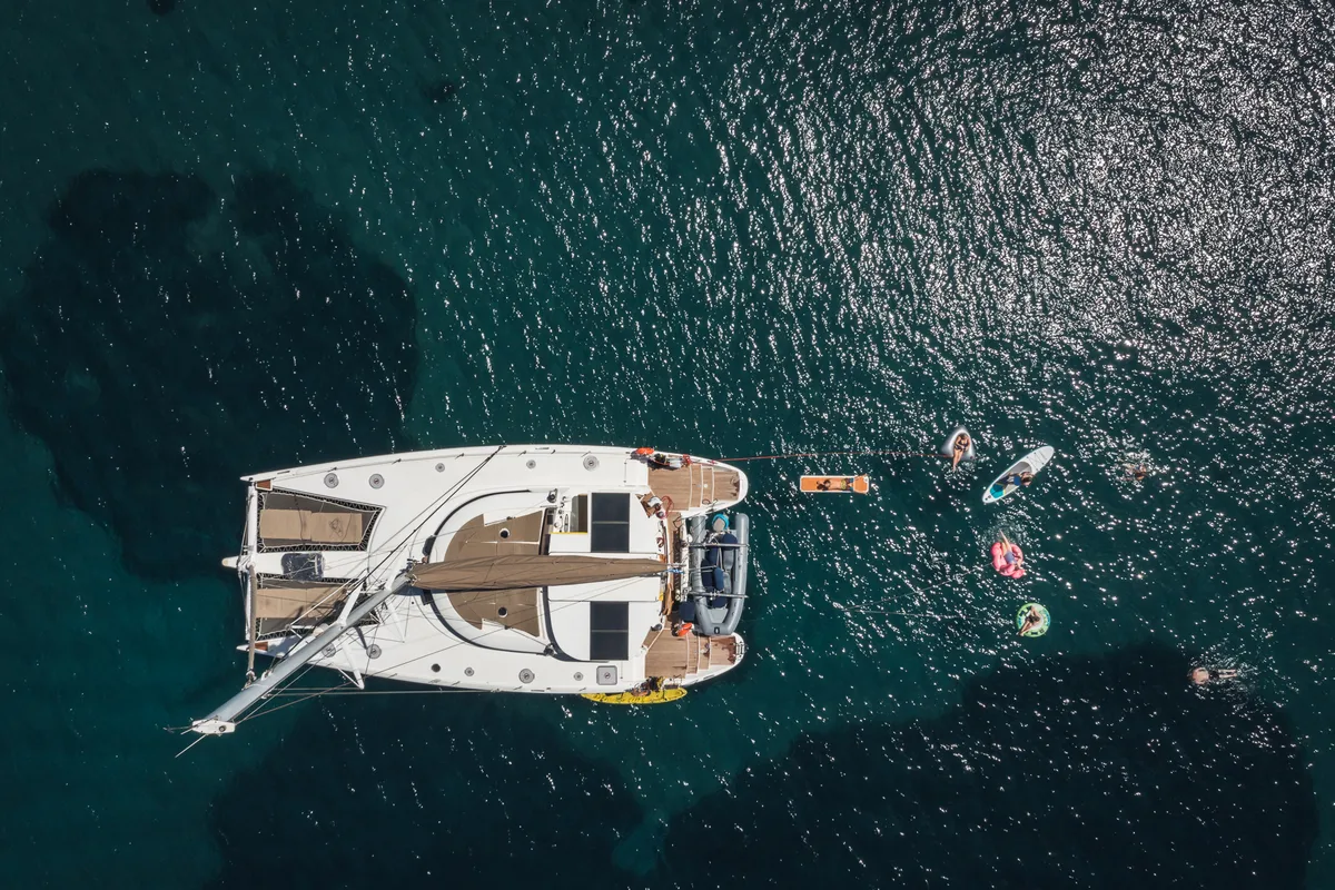 Exterior view of Zorba CAT Cabin 1, a Fountaine Pajot Eleuthera 60 catamaran at Aegina, Greece