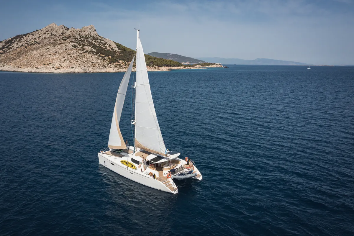 Exterior view of Zorba CAT Cabin 1, a Fountaine Pajot Eleuthera 60 catamaran at Aegina, Greece