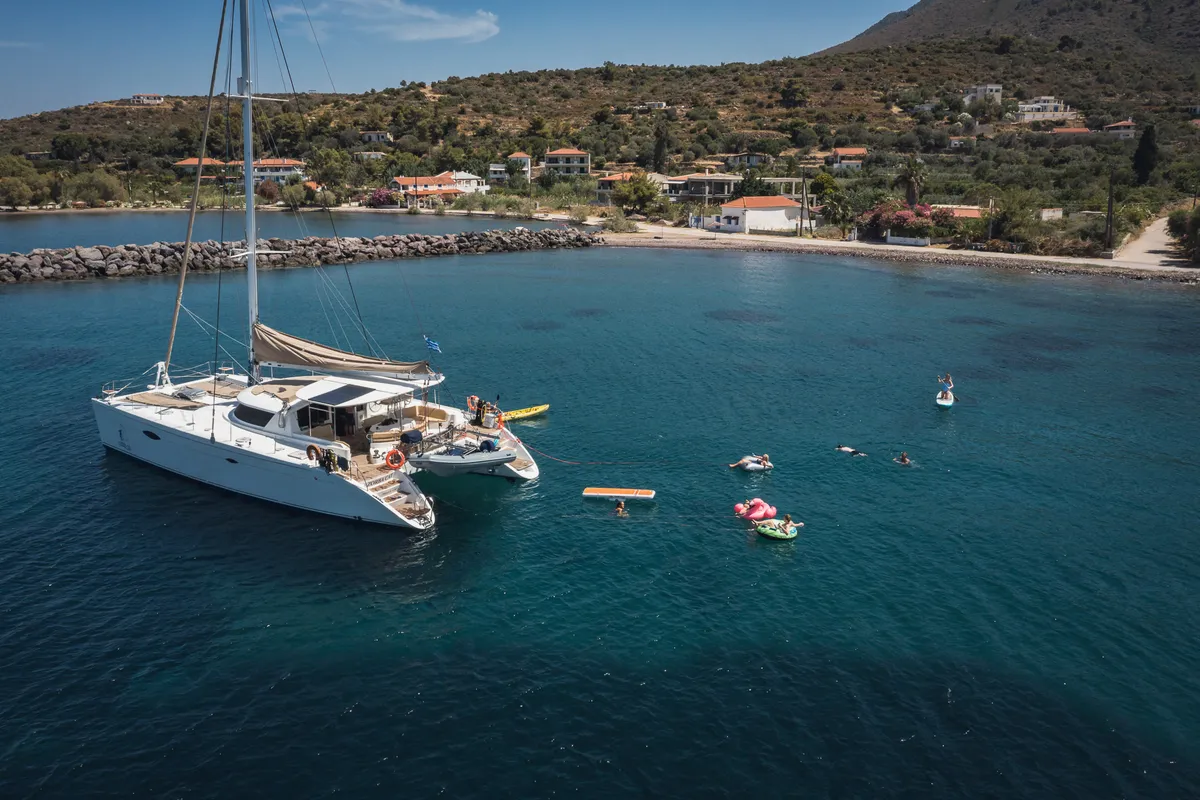 Exterior view of Zorba CAT Cabin 1, a Fountaine Pajot Eleuthera 60 catamaran at Aegina, Greece