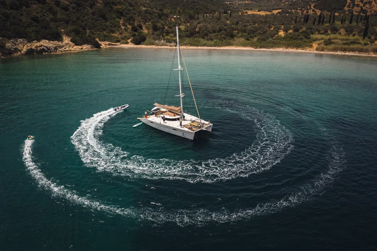 Exterior view of Zorba CAT Cabin 1, a Fountaine Pajot Eleuthera 60 catamaran at Aegina, Greece