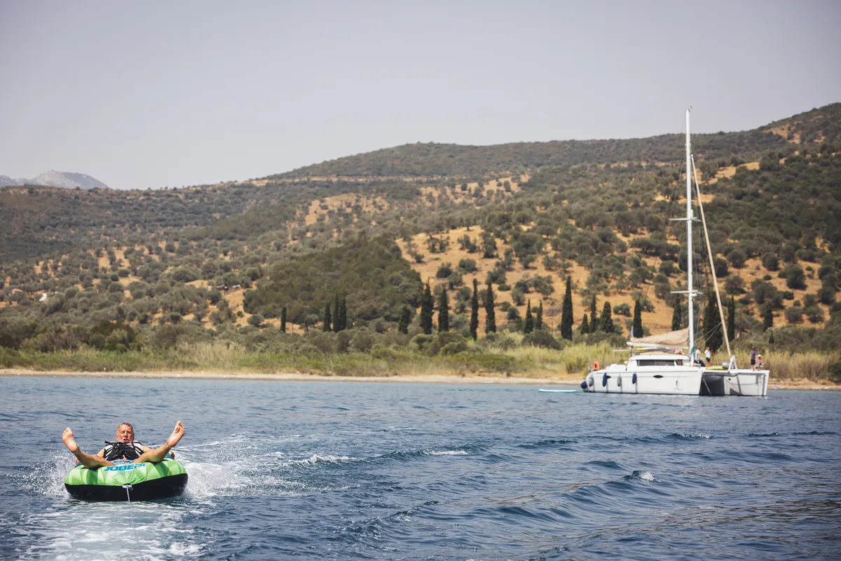 Exterior view of Zorba CAT Cabin 1, a Fountaine Pajot Eleuthera 60 catamaran at Aegina, Greece