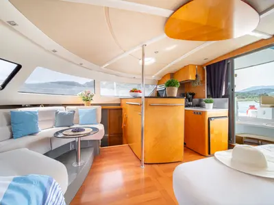 Salon of Zorba CAT Cabin 1, a Fountaine Pajot Eleuthera 60 catamaran at Aegina, Greece