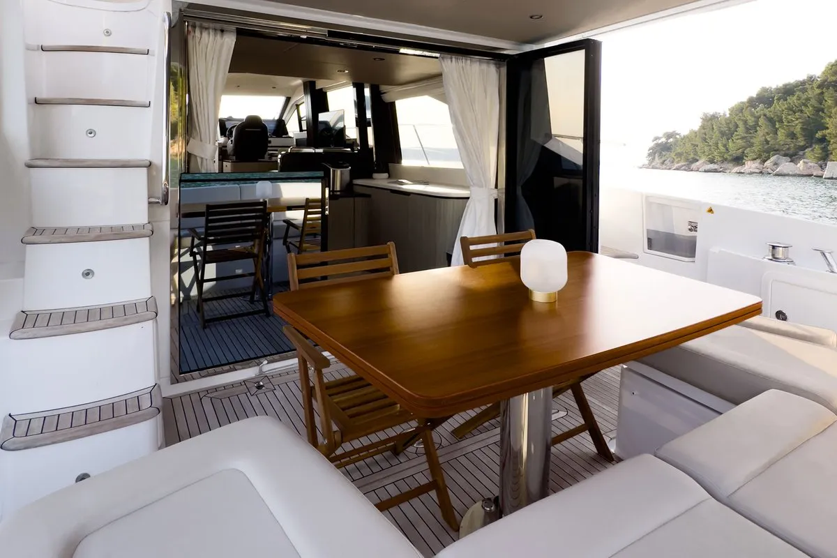 Deck of Be Happy, a Azimut 55 Fly motor yacht at Grad Kaštela, Croatia