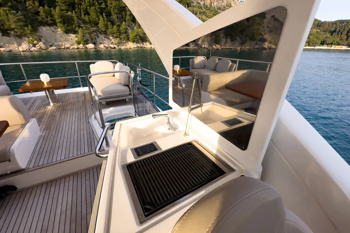 Deck of Be Happy, a Azimut 55 Fly motor yacht at Grad Kaštela, Croatia