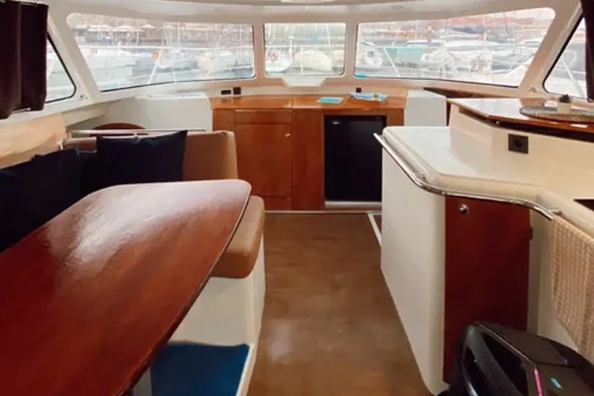 Salon of Xuxu, a Fountaine Pajot Highland 35 catamaran at Lisbon, Portugal