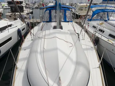 Deck of Cecile, a Jeanneau Sun Odyssey 409 sailboat at Procida, Italy