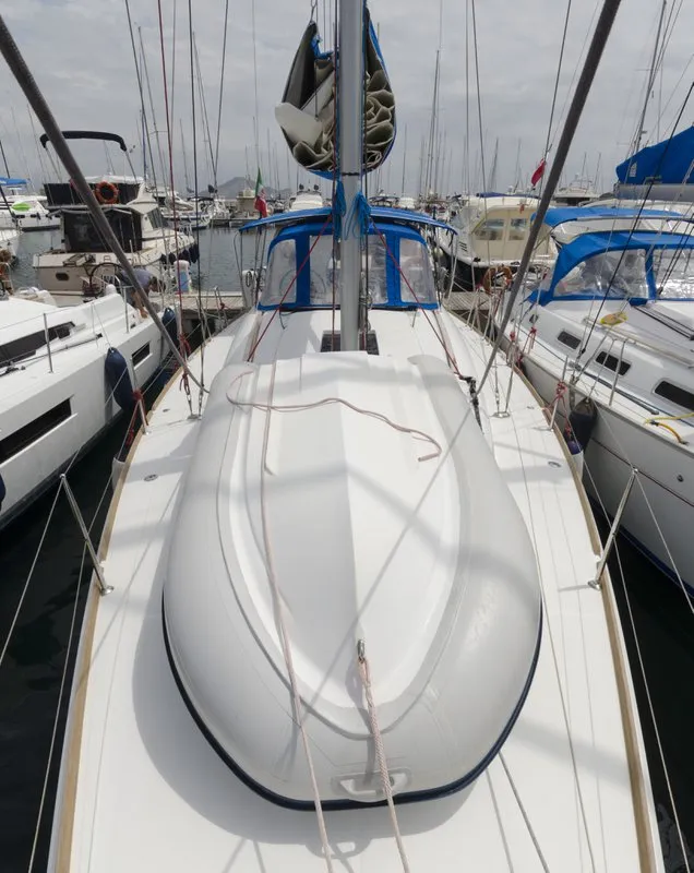 Deck of Cecile, a Jeanneau Sun Odyssey 409 sailboat at Procida, Italy