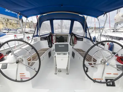 Cockpit of Cecile, a Jeanneau Sun Odyssey 409 sailboat at Procida, Italy