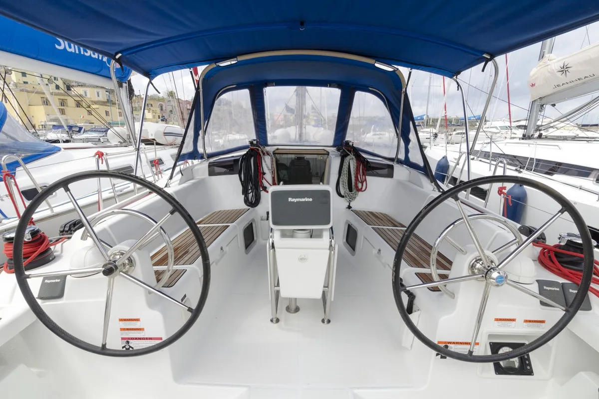 Cockpit of Cecile, a Jeanneau Sun Odyssey 409 sailboat at Procida, Italy