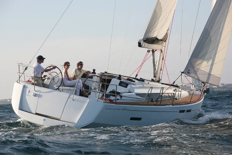 Exterior view of Cecile, a Jeanneau Sun Odyssey 409 sailboat at Procida, Italy