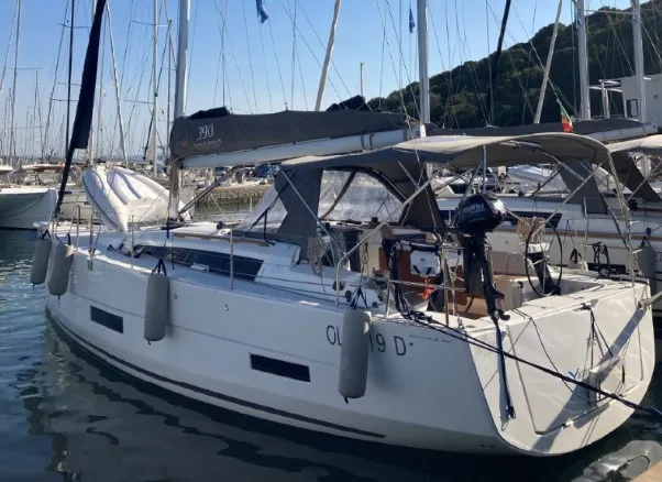 Exterior view of Pixie, a Dufour 390 sailboat at Olbia, Italy