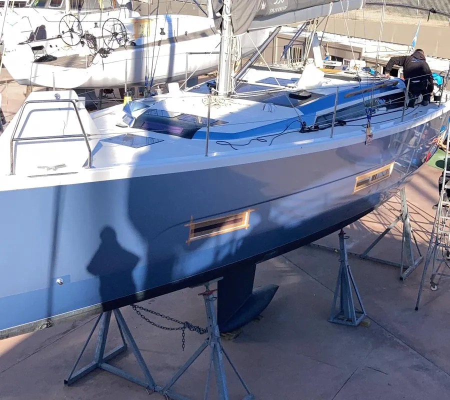 Exterior view of Pixie, a Dufour 390 sailboat at Olbia, Italy