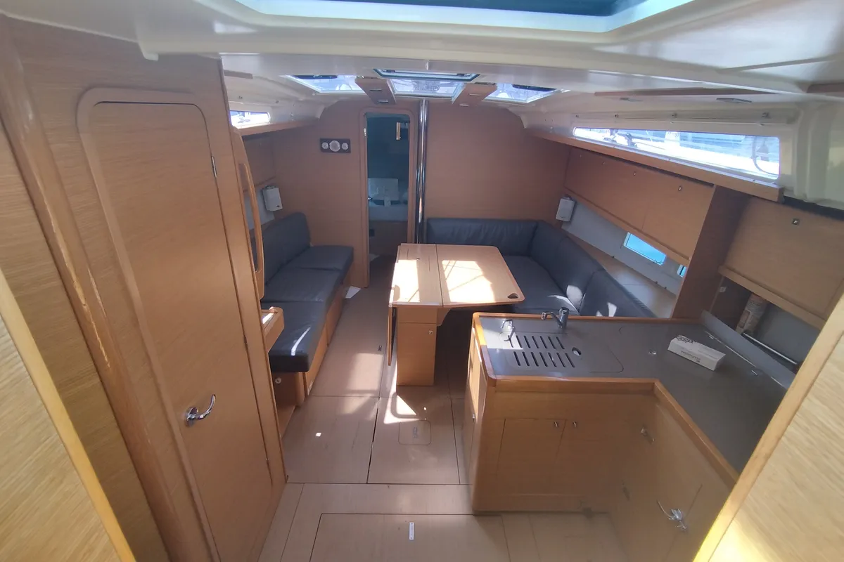 Salon of Pixie, a Dufour 390 sailboat at Olbia, Italy
