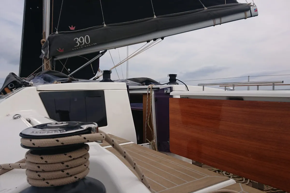 Deck of Pixie, a Dufour 390 sailboat at Olbia, Italy