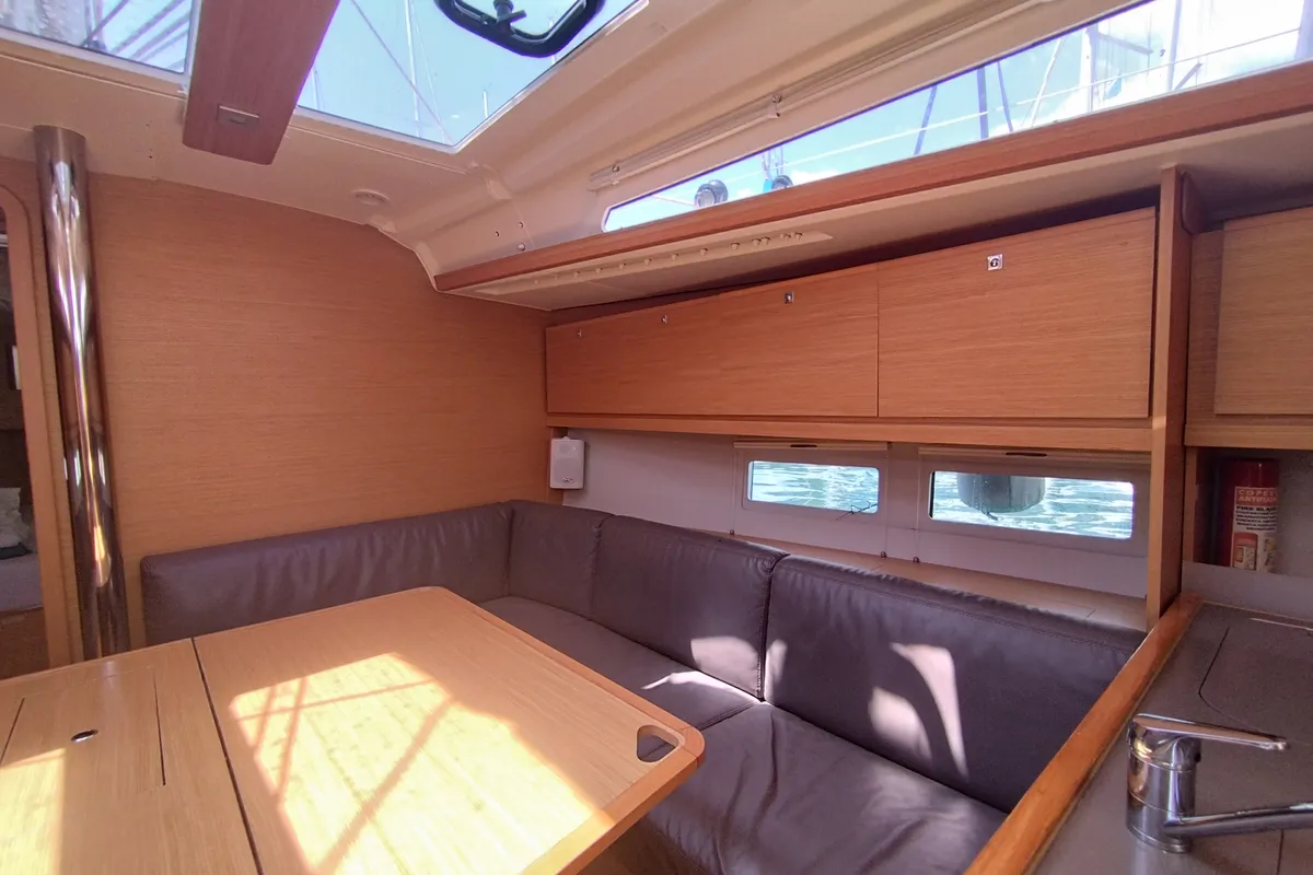 Salon of Pixie, a Dufour 390 sailboat at Olbia, Italy