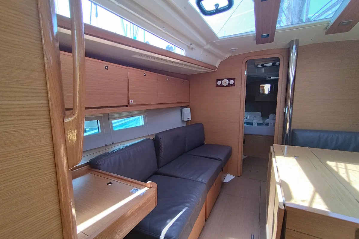 Salon of Pixie, a Dufour 390 sailboat at Olbia, Italy