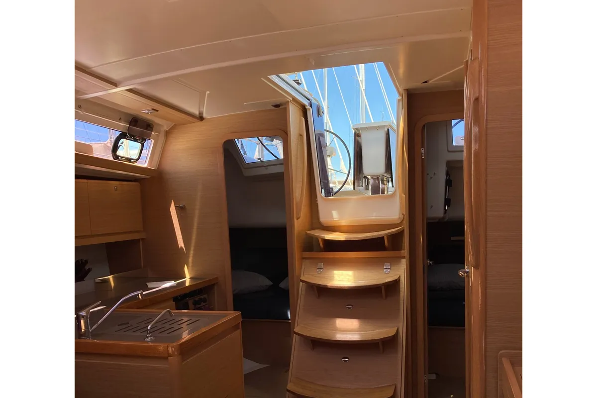 Salon of Pixie, a Dufour 390 sailboat at Olbia, Italy