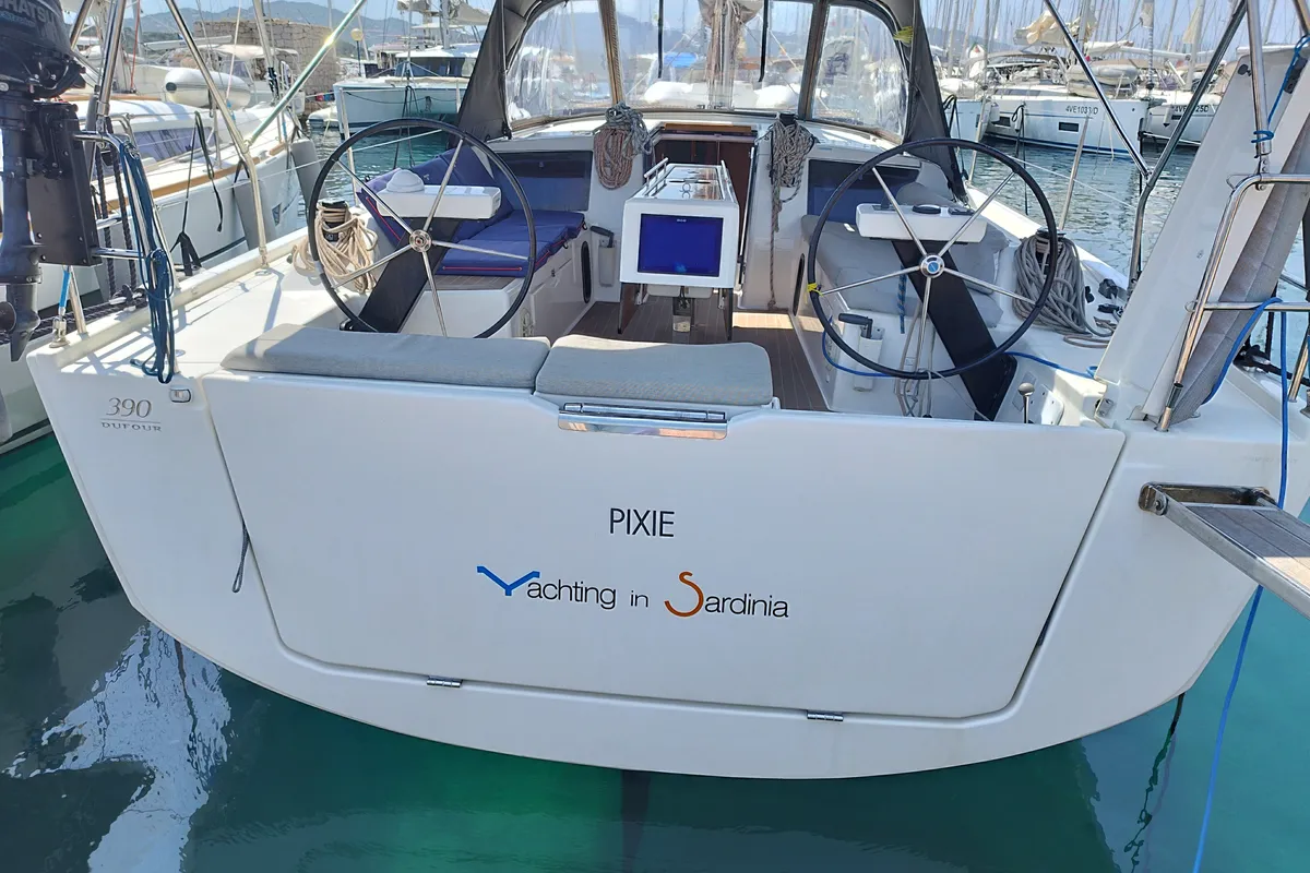 Exterior view of Pixie, a Dufour 390 sailboat at Olbia, Italy