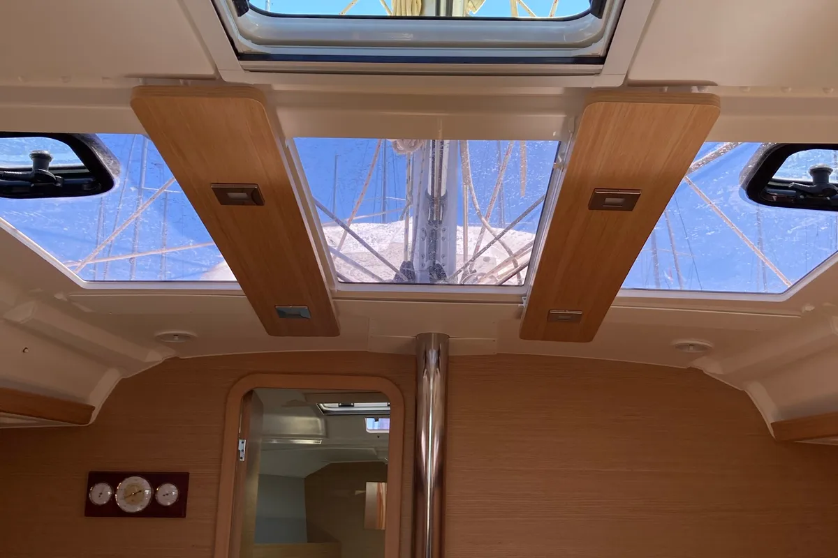 Salon of Pixie, a Dufour 390 sailboat at Olbia, Italy