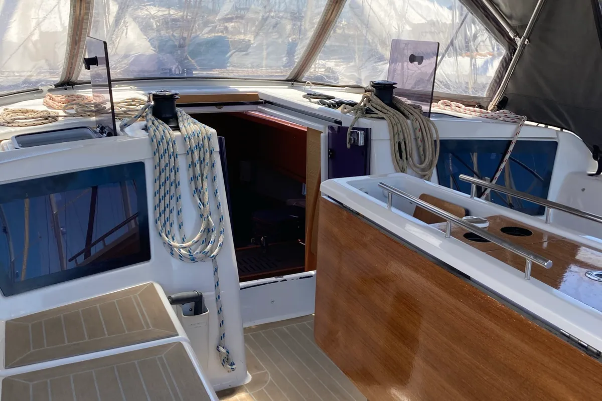 Deck of Pixie, a Dufour 390 sailboat at Olbia, Italy