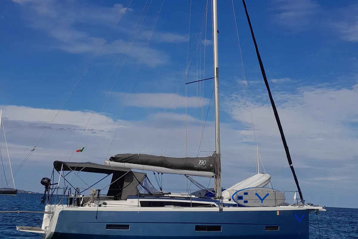 Exterior view of Pixie, a Dufour 390 sailboat at Olbia, Italy