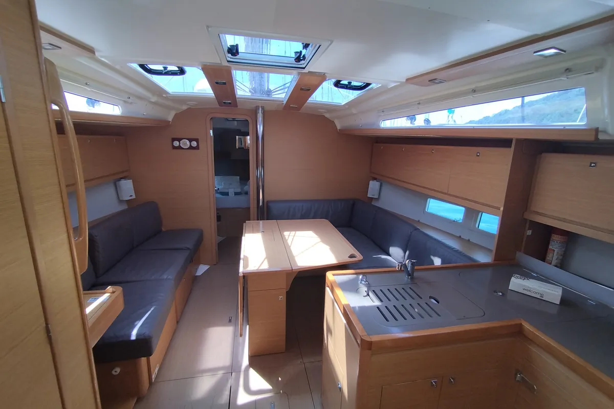 Salon of Pixie, a Dufour 390 sailboat at Olbia, Italy