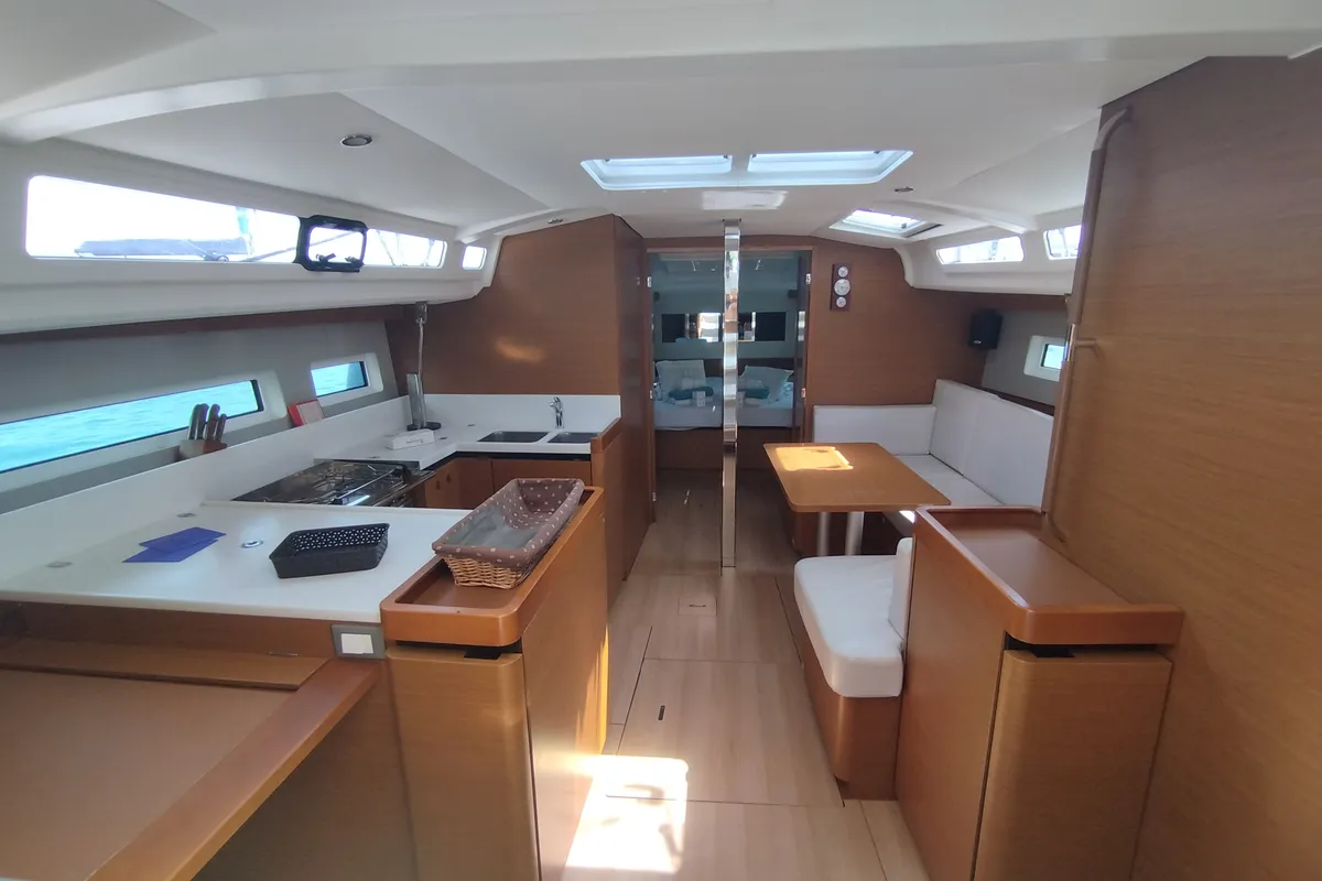 Salon of Pixie, a Dufour 390 sailboat at Olbia, Italy