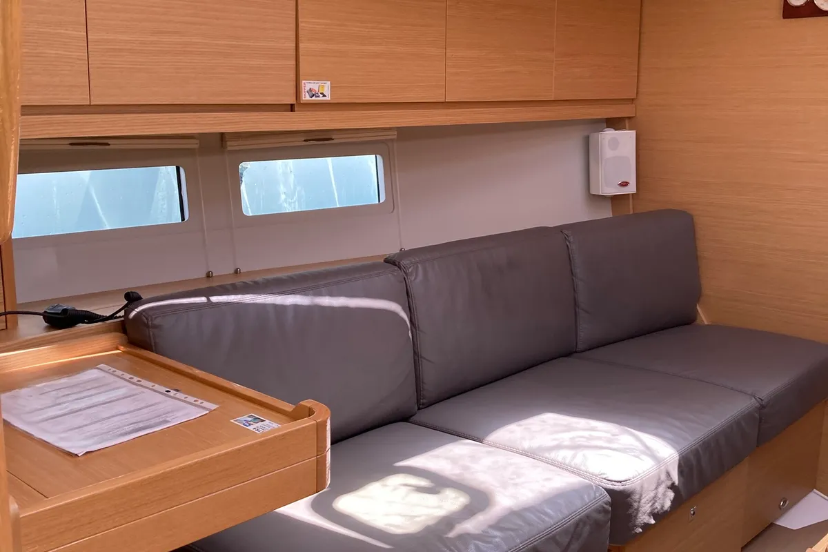 Salon of Pixie, a Dufour 390 sailboat at Olbia, Italy