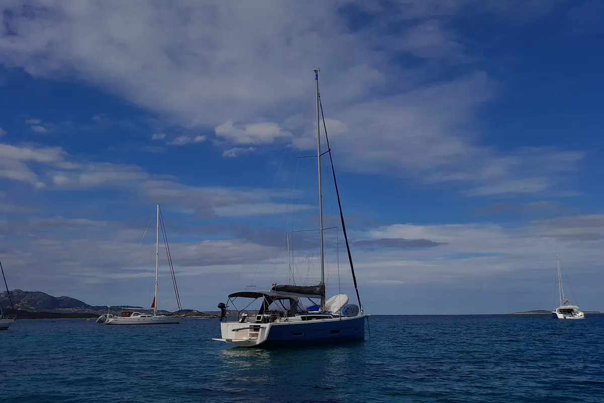 Exterior view of Pixie, a Dufour 390 sailboat at Olbia, Italy