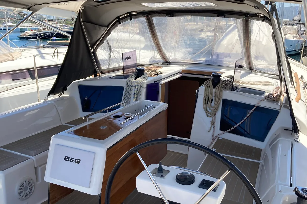 Cockpit of Pixie, a Dufour 390 sailboat at Olbia, Italy