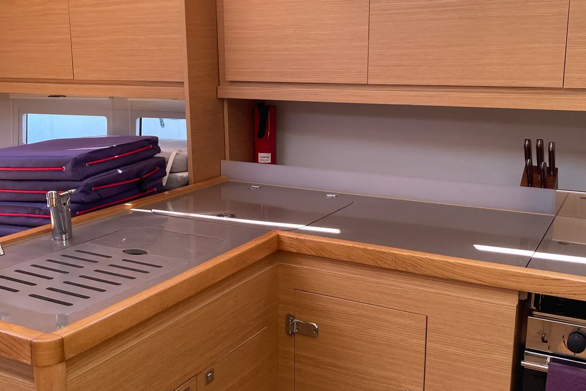 Galley of Pixie, a Dufour 390 sailboat at Olbia, Italy