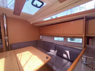 Salon of Pixie, a Dufour 390 sailboat at Olbia, Italy
