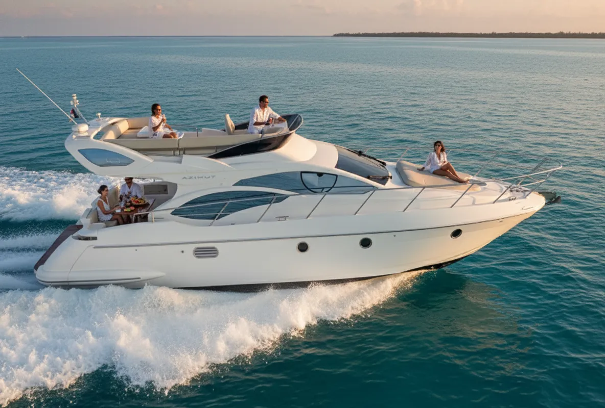 Exterior view of Alma Libre II, a Azimut 46 motorboat at Lefkada, Greece