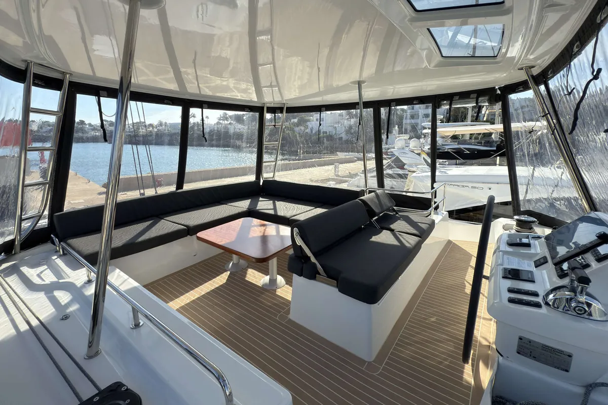 Deck of Selanja, a Lagoon 51 OW catamaran at Palma de Mallorca, Spain