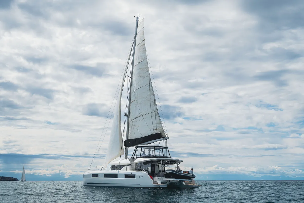 Exterior view of Selanja, a Lagoon 51 OW catamaran at Palma de Mallorca, Spain