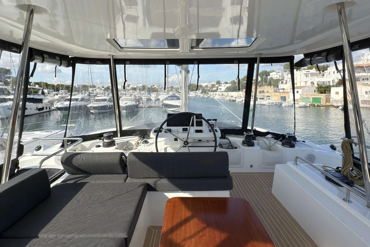 Cockpit of Selanja, a Lagoon 51 OW catamaran at Palma de Mallorca, Spain