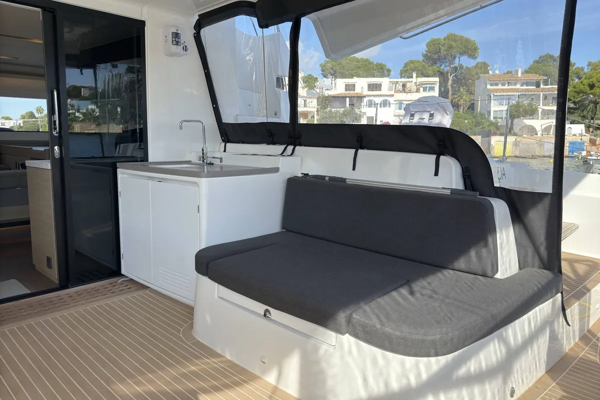 Deck of Selanja, a Lagoon 51 OW catamaran at Palma de Mallorca, Spain