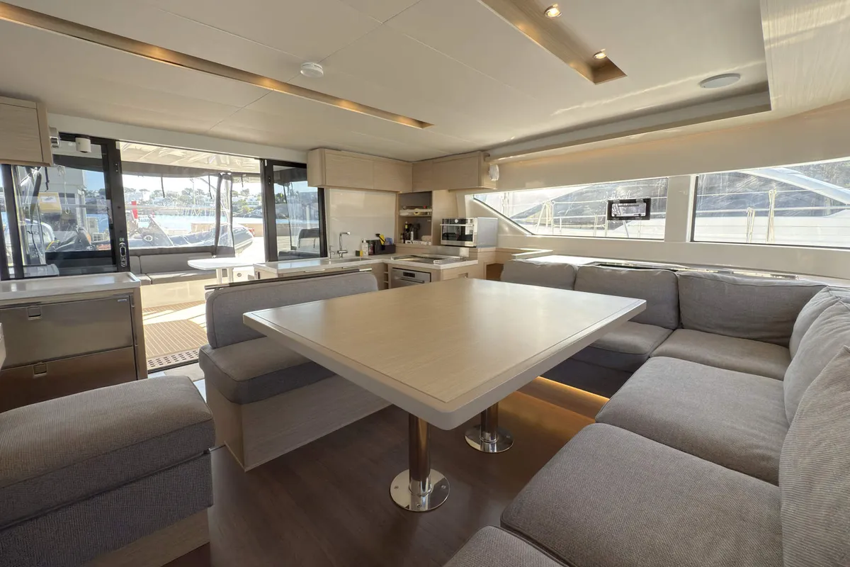 Salon of Selanja, a Lagoon 51 OW catamaran at Palma de Mallorca, Spain