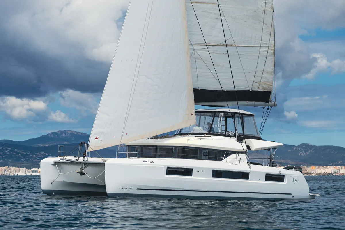 Exterior view of Selanja, a Lagoon 51 OW catamaran at Palma de Mallorca, Spain